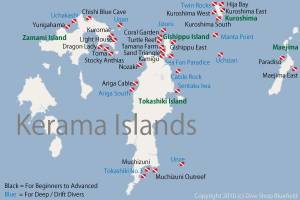 Carte des sites de plongées (débutants et confirmés) sur les îles Kerama © Dive Shop Bluefield