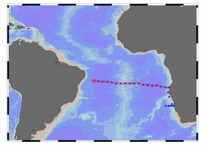 Carte indiquant la zone où a été détecté le nuage de fer (point rouge) © Abigail Noble, Woods Hole Oceanographic Institution