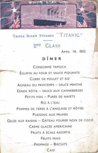 Menu du dîner du 14 avril 1912 pour les passagers de 2e classe © Collection Association Française du Titanic