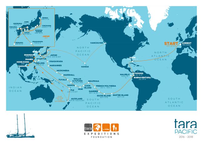 Itinéraire de la goëlette Tara dans l'océan Pacifique (2016-2018) © Tara Expéditions